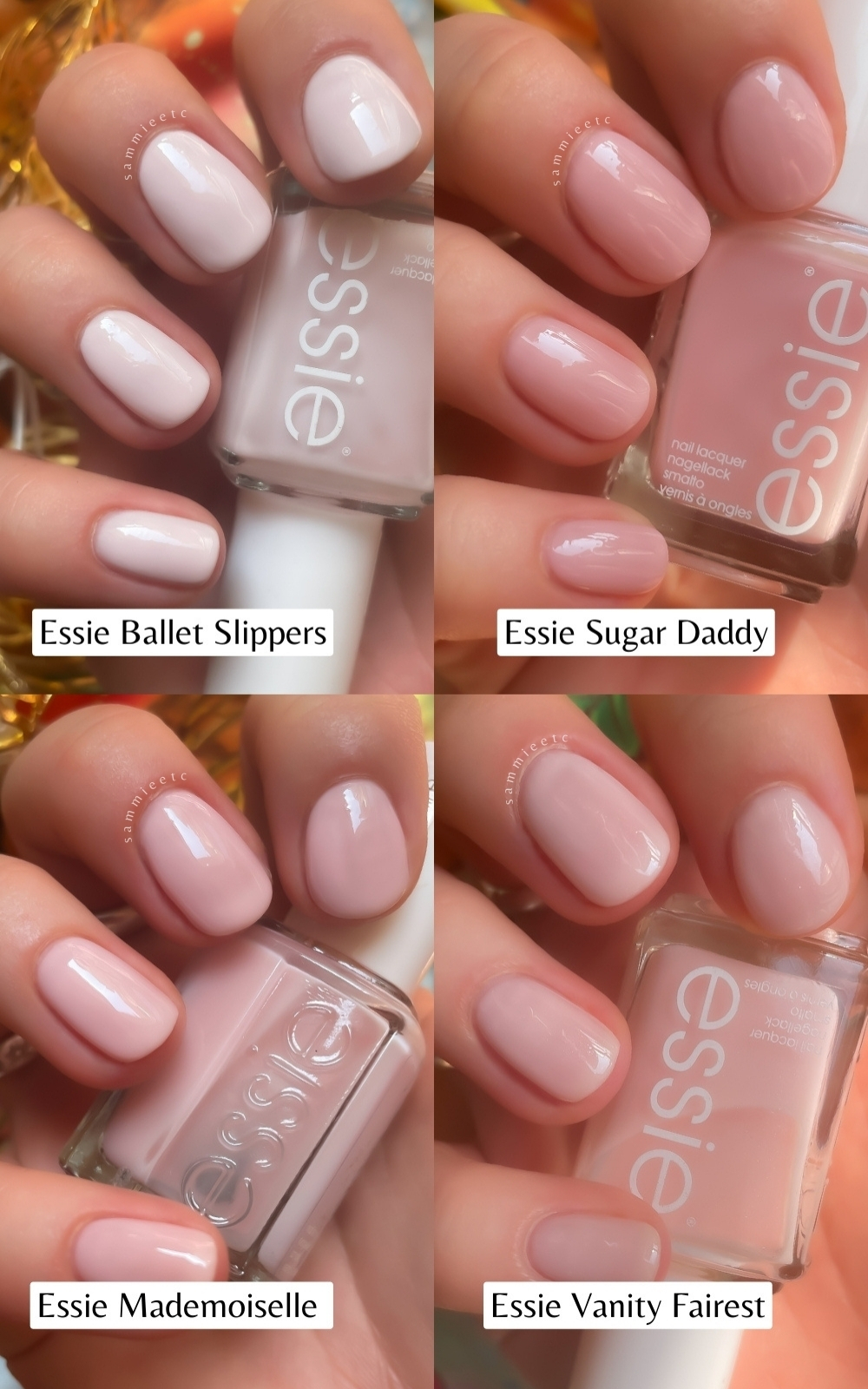 sheer essie nail polish swatches - ballet slippers vs sugar daddy vs mademoiselle vs vanity fairest